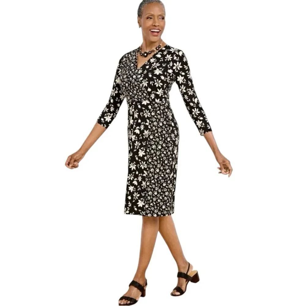 Talbots Bicolor Ditsy Wrap Jersey Black and White Floral Dress NEW Size XS
